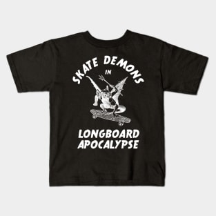 Skate Demons in Longboard Apocalypse - White Text Kids T-Shirt